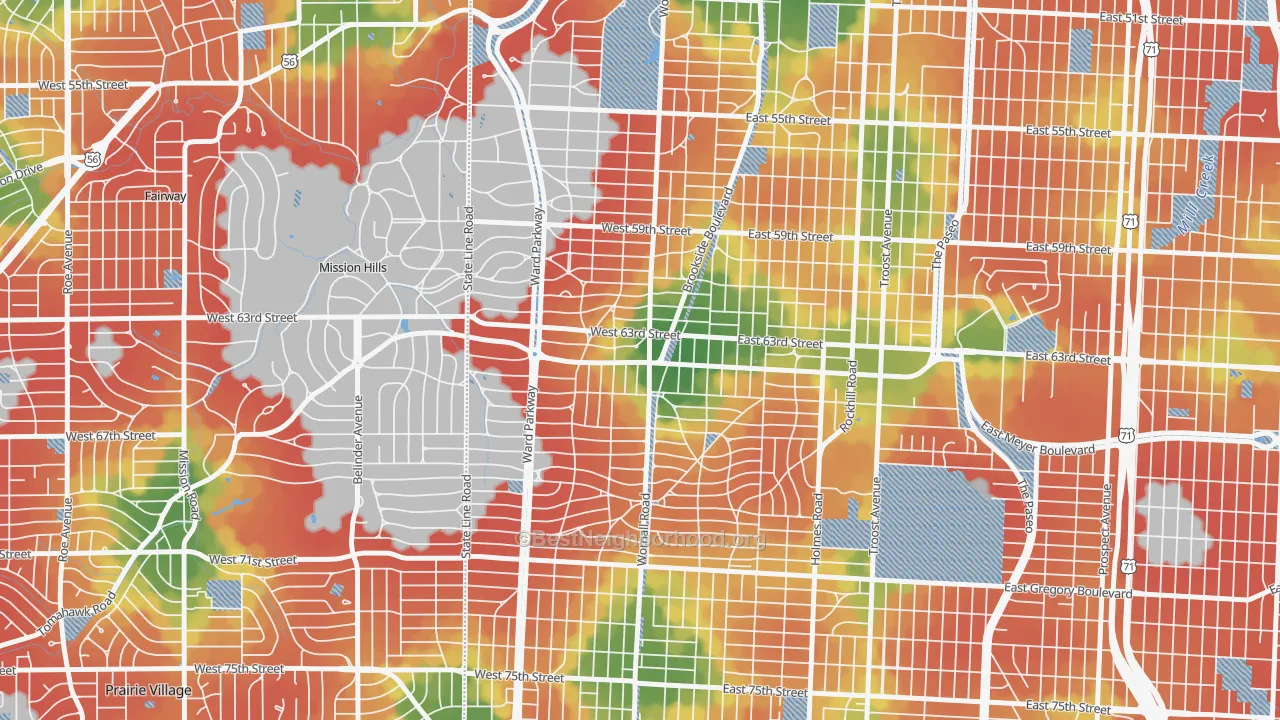 Walk Grade map of 64113, MO, walkable areas in green and car-dependent areas in red