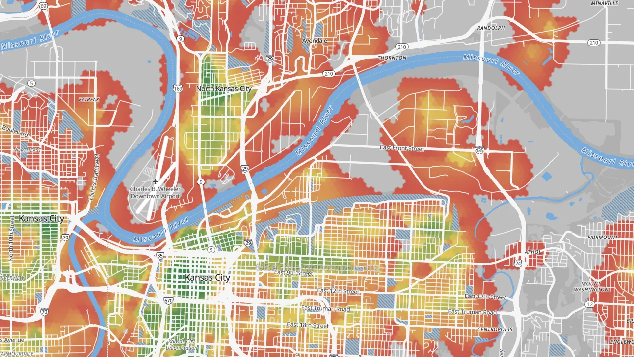 Walk Grade map of 64120, MO, walkable areas in green and car-dependent areas in red