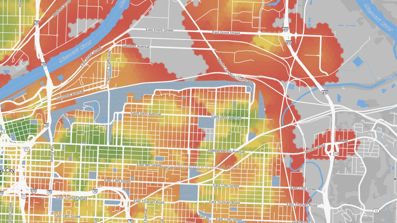 Walk Grade map of 64123, MO, walkable areas in green and car-dependent areas in red