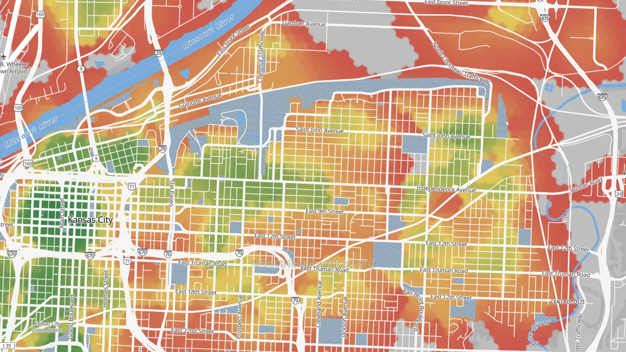 Walk Grade map of 64124, MO, walkable areas in green and car-dependent areas in red