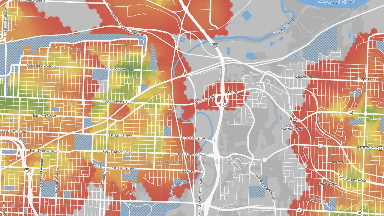 Walk Grade map of 64125, MO, walkable areas in green and car-dependent areas in red