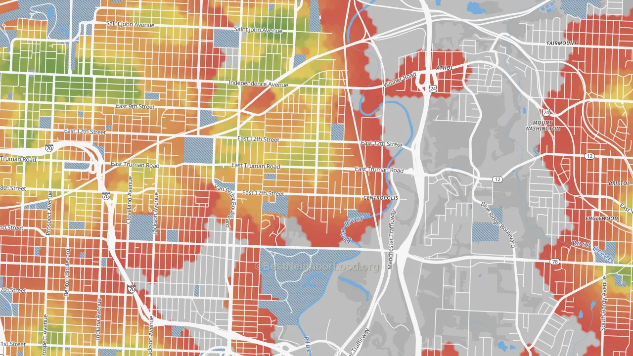 Walk Grade map of 64126, MO, walkable areas in green and car-dependent areas in red