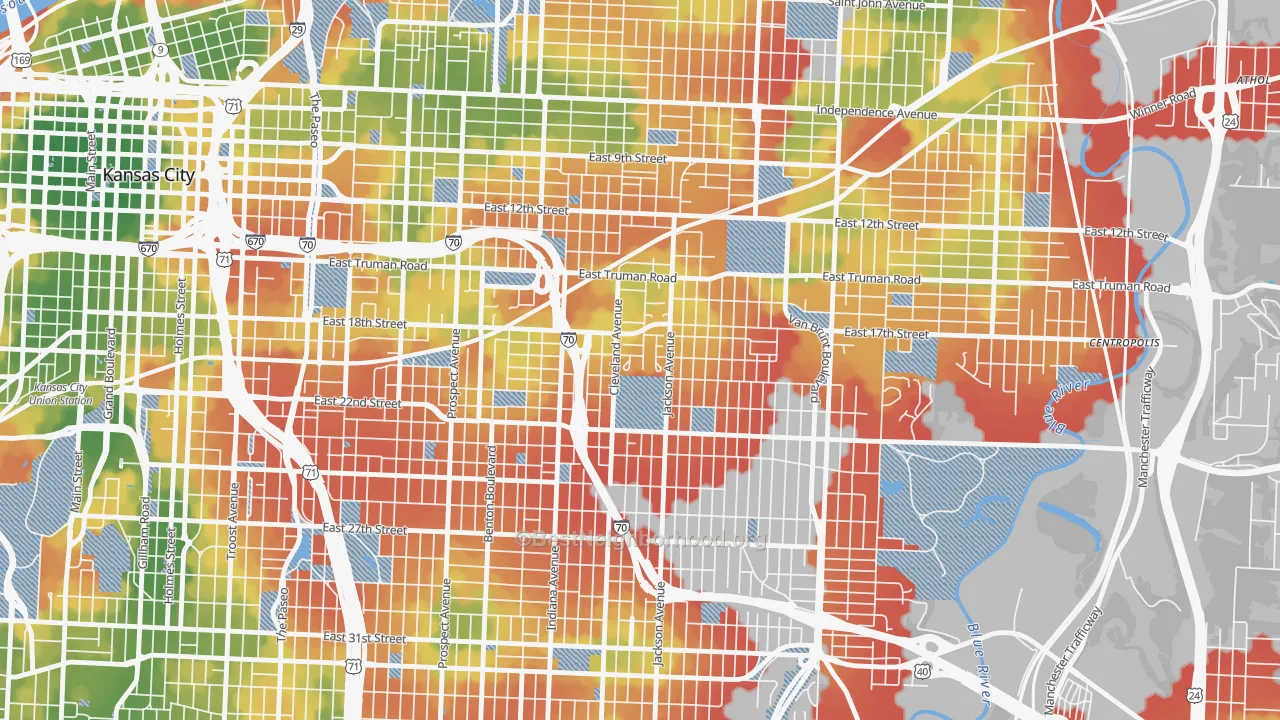 Walk Grade map of 64127, MO, walkable areas in green and car-dependent areas in red