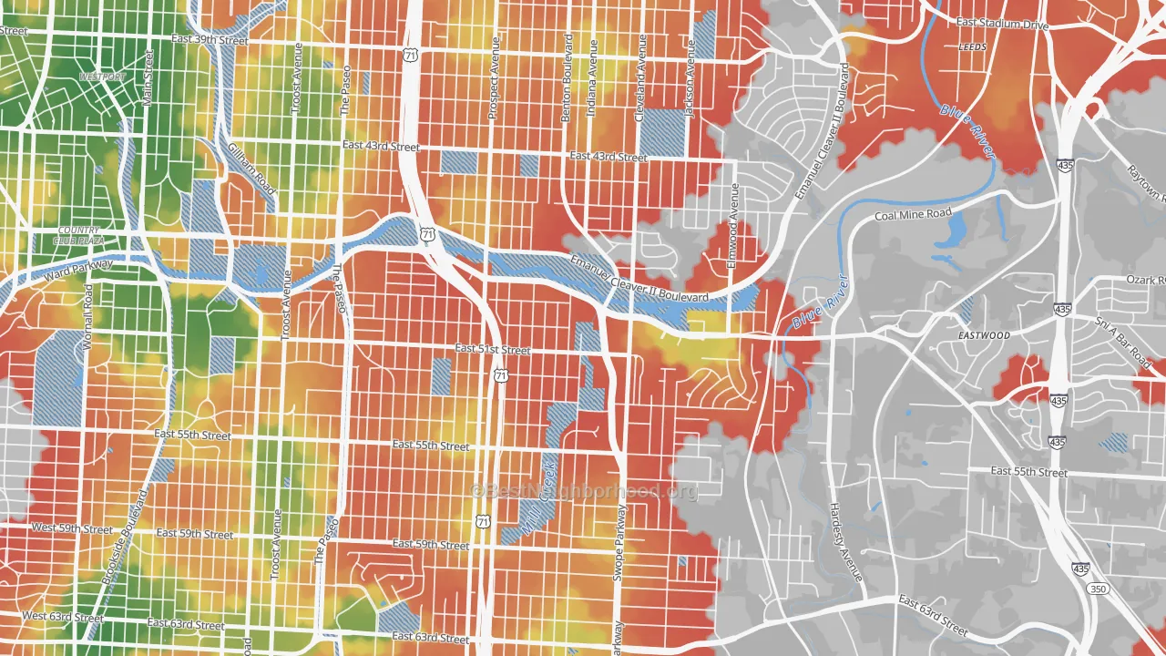 Walk Grade map of 64130, MO, walkable areas in green and car-dependent areas in red