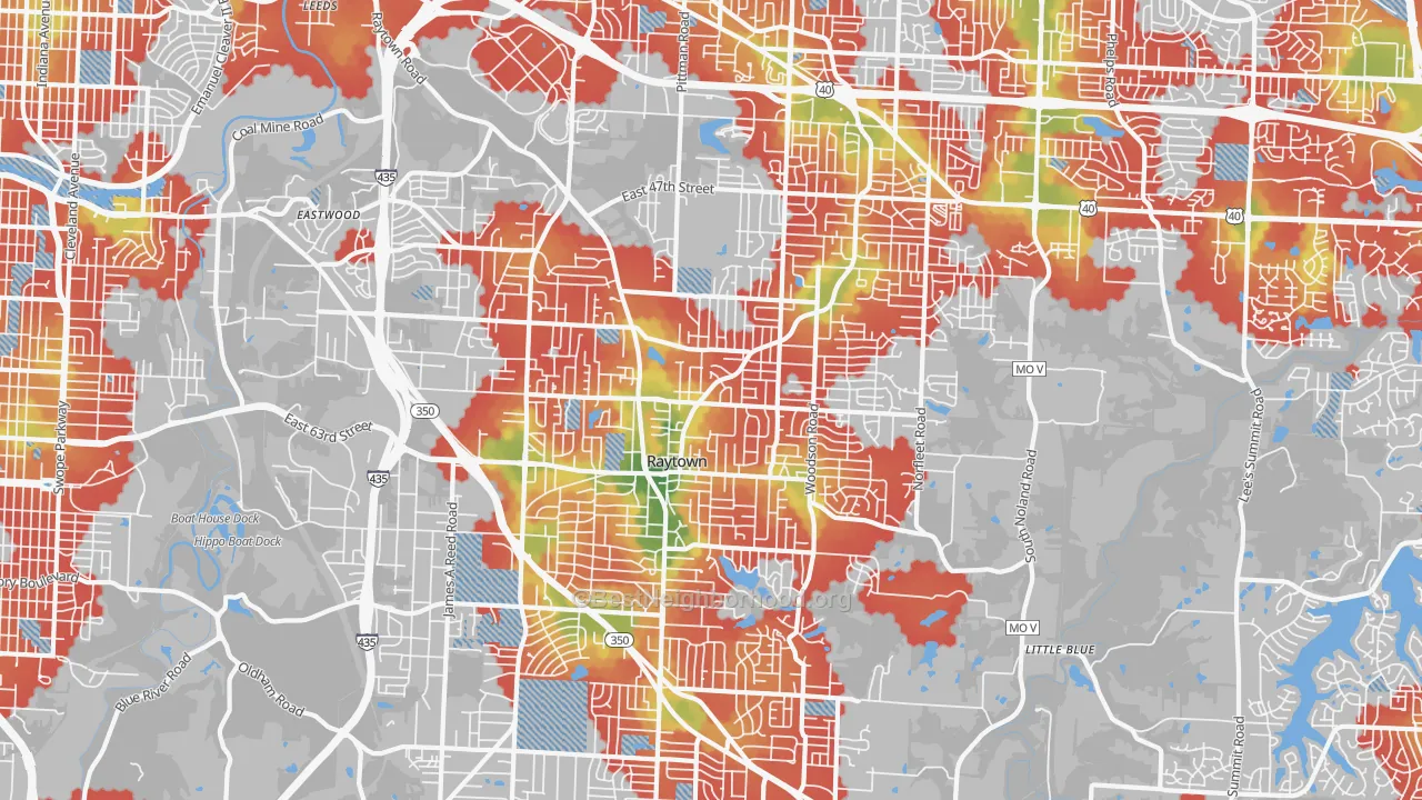 Walk Grade map of 64133, MO, walkable areas in green and car-dependent areas in red