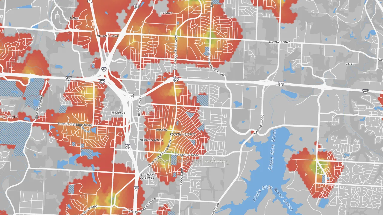 Walk Grade map of 64134, MO, walkable areas in green and car-dependent areas in red