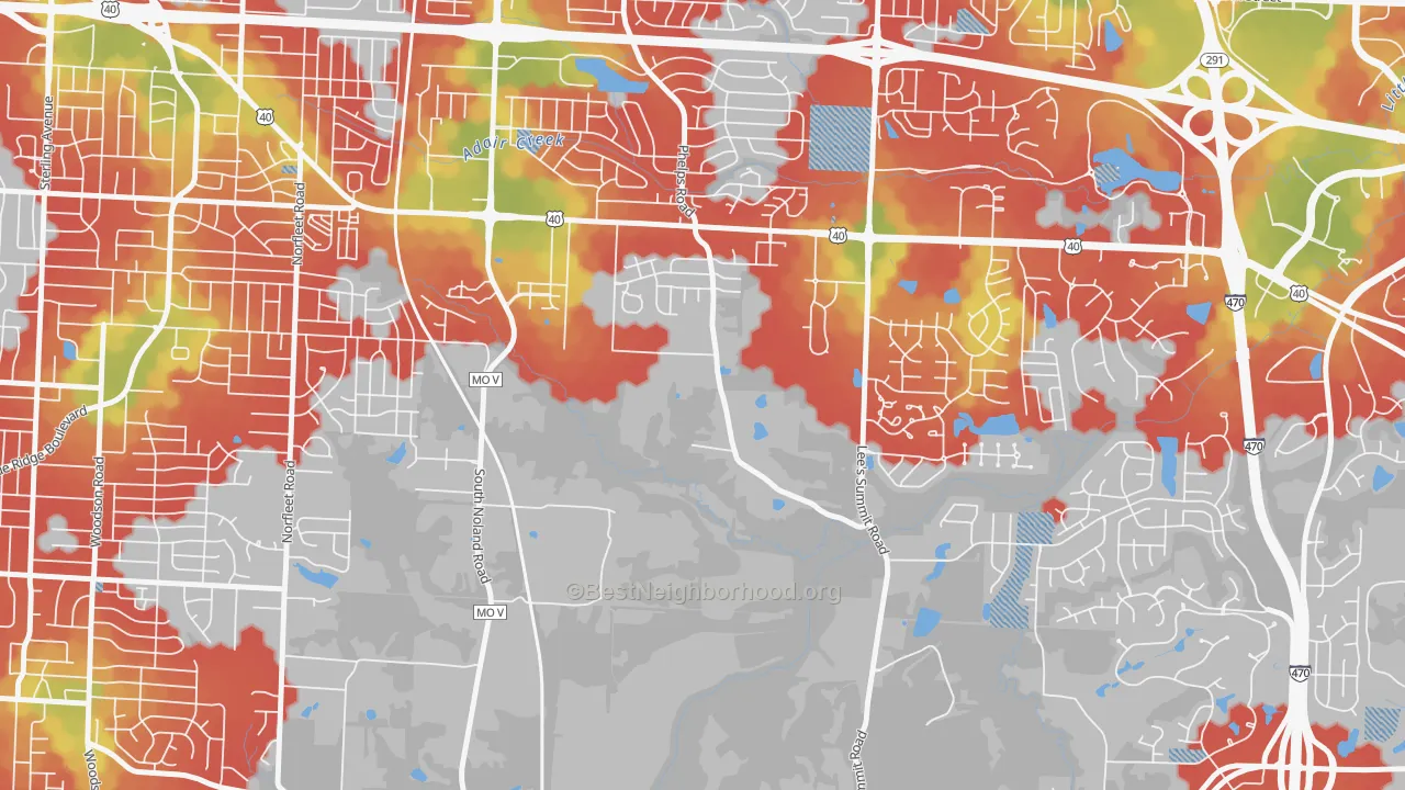 Walk Grade map of 64136, MO, walkable areas in green and car-dependent areas in red