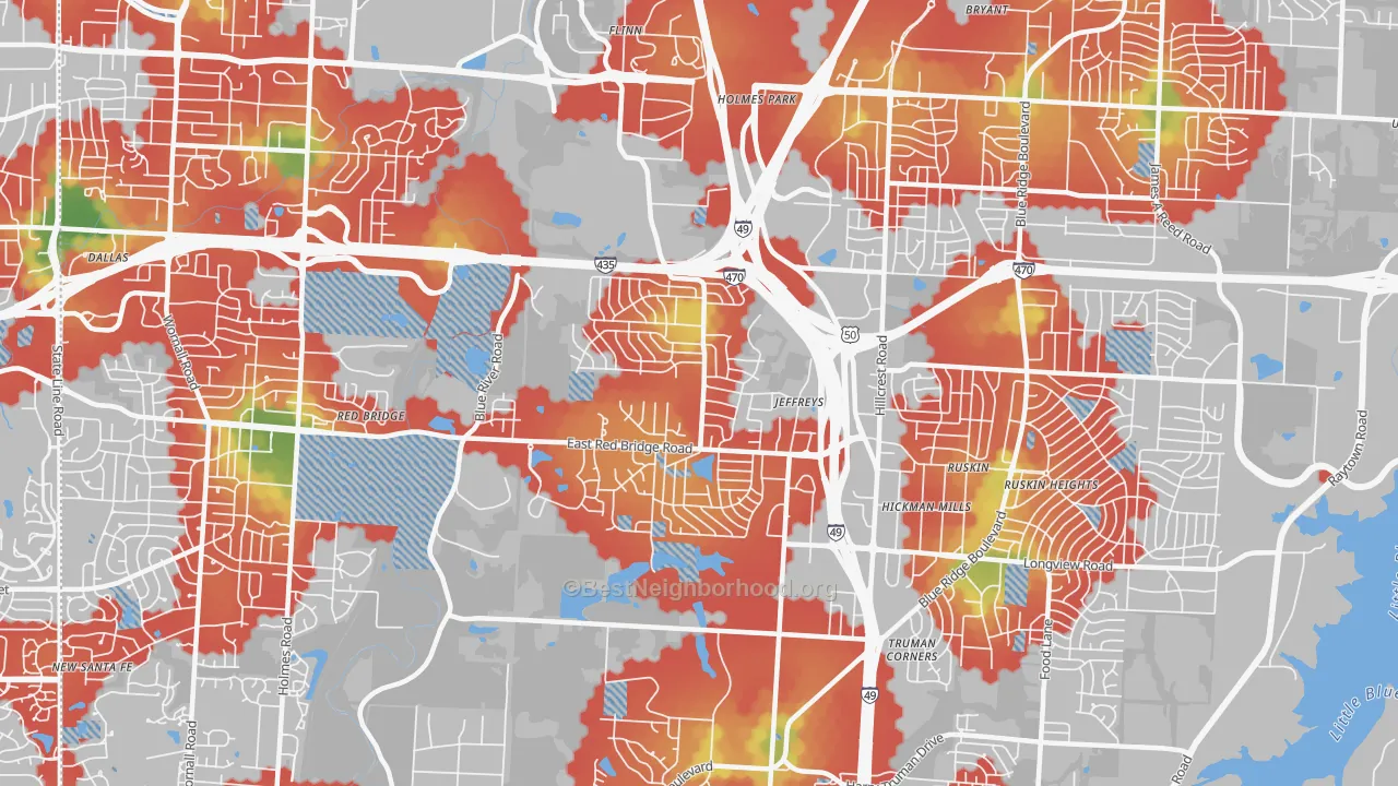 Walk Grade map of 64137, MO, walkable areas in green and car-dependent areas in red