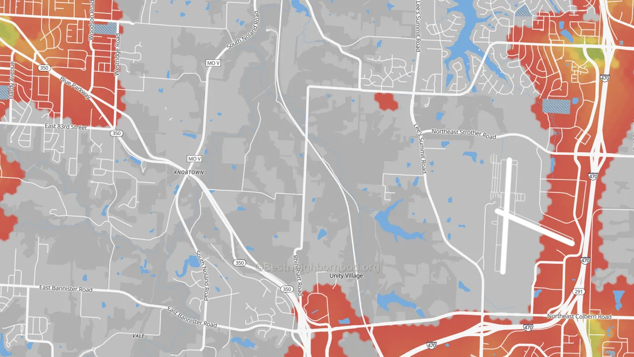 Walk Grade map of 64139, MO, walkable areas in green and car-dependent areas in red