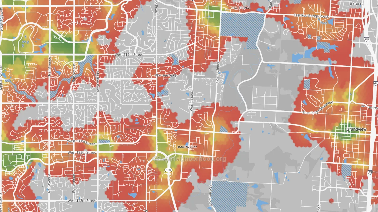 Walk Grade map of 64145, MO, walkable areas in green and car-dependent areas in red