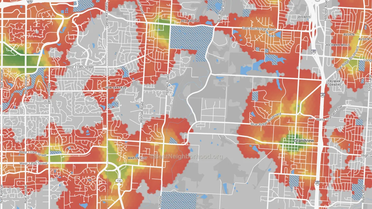 Walk Grade map of 64146, MO, walkable areas in green and car-dependent areas in red