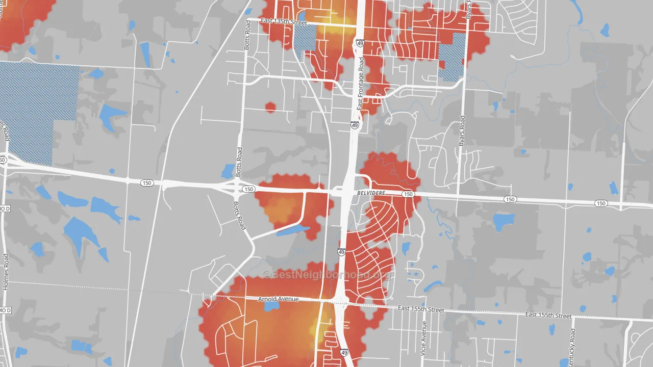 Walk Grade map of 64147, MO, walkable areas in green and car-dependent areas in red
