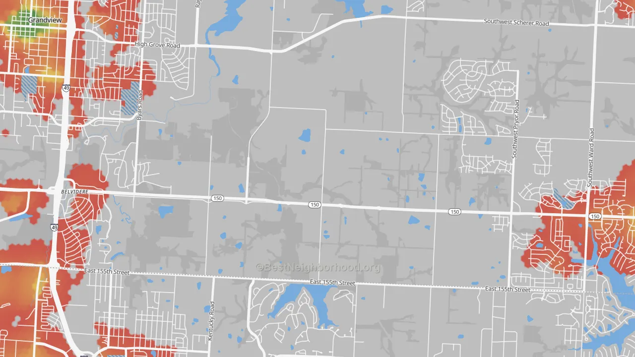Walk Grade map of 64149, MO, walkable areas in green and car-dependent areas in red