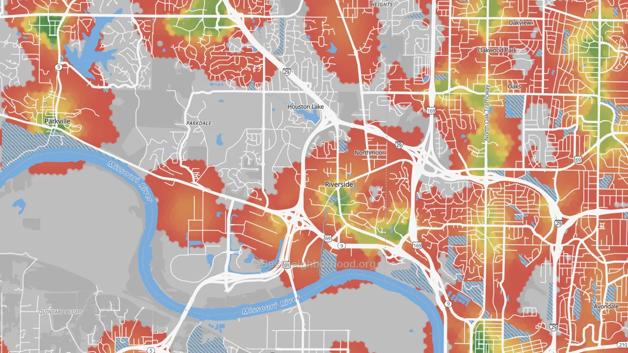 Walk Grade map of 64150, MO, walkable areas in green and car-dependent areas in red