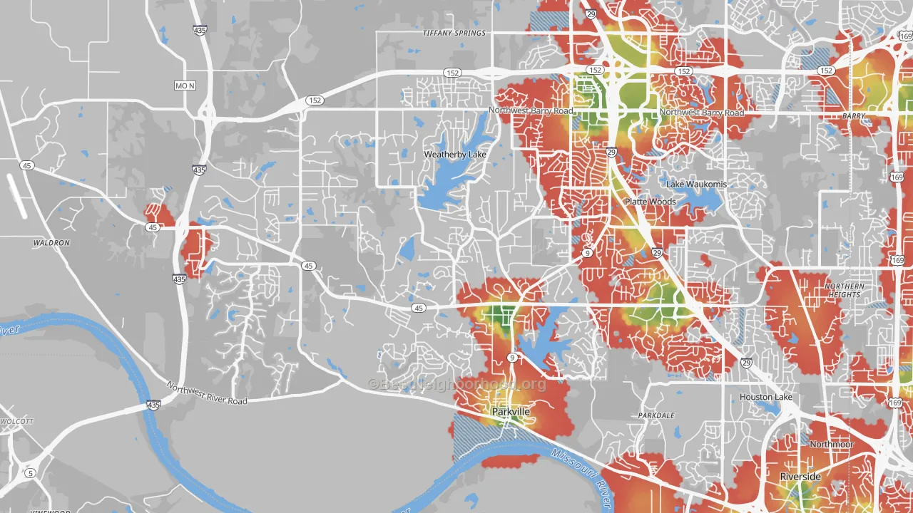 Walk Grade map of 64152, MO, walkable areas in green and car-dependent areas in red