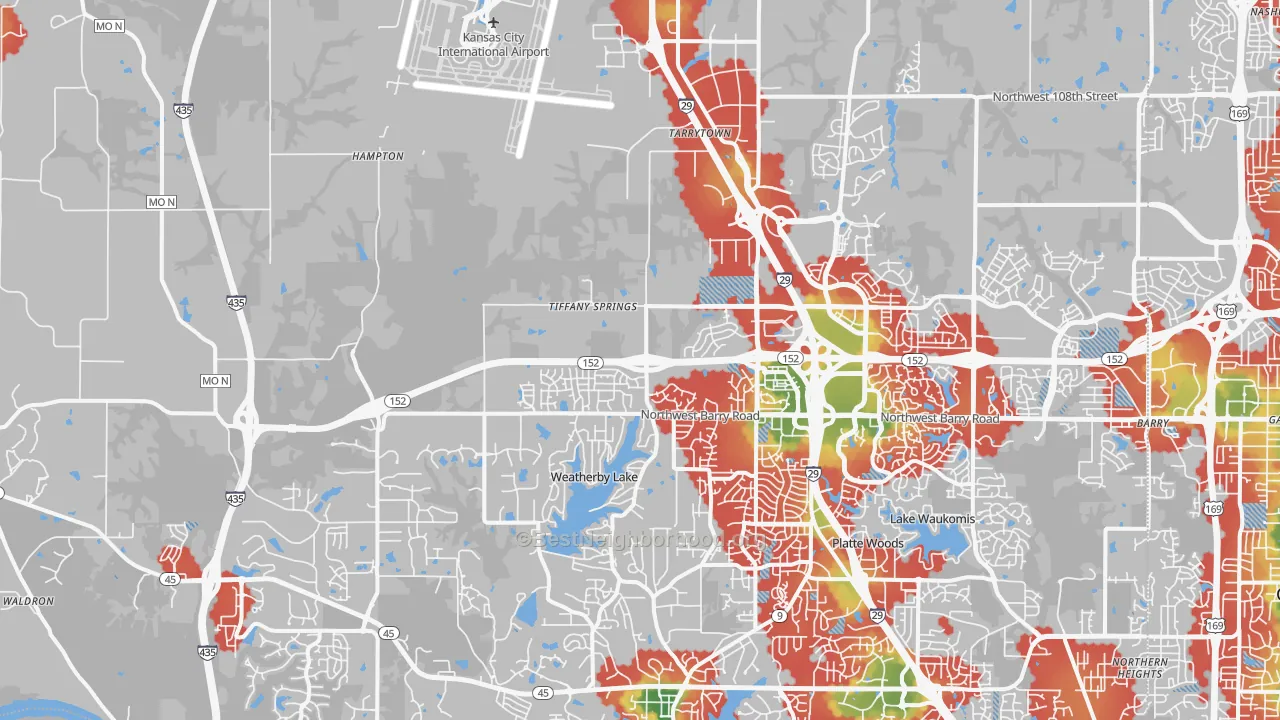 Walk Grade map of 64153, MO, walkable areas in green and car-dependent areas in red