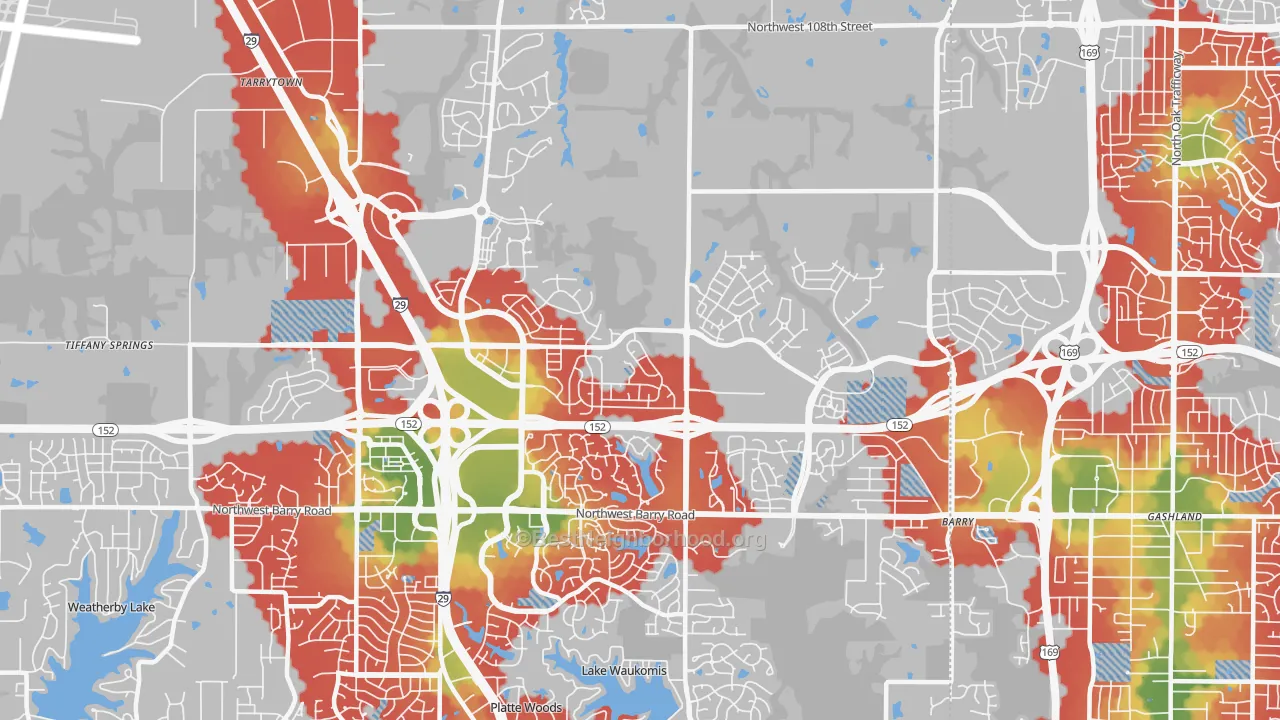 Walk Grade map of 64154, MO, walkable areas in green and car-dependent areas in red
