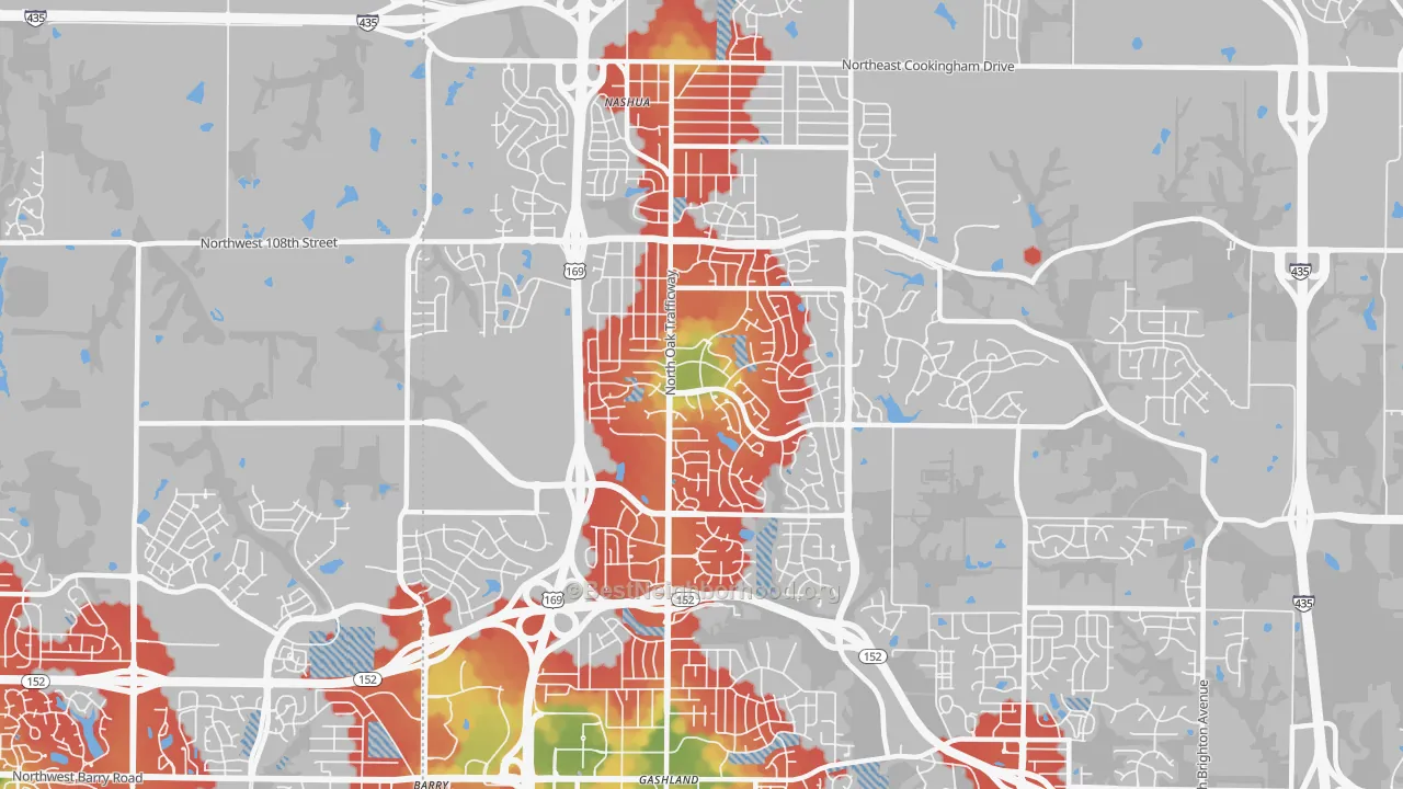 Walk Grade map of 64155, MO, walkable areas in green and car-dependent areas in red