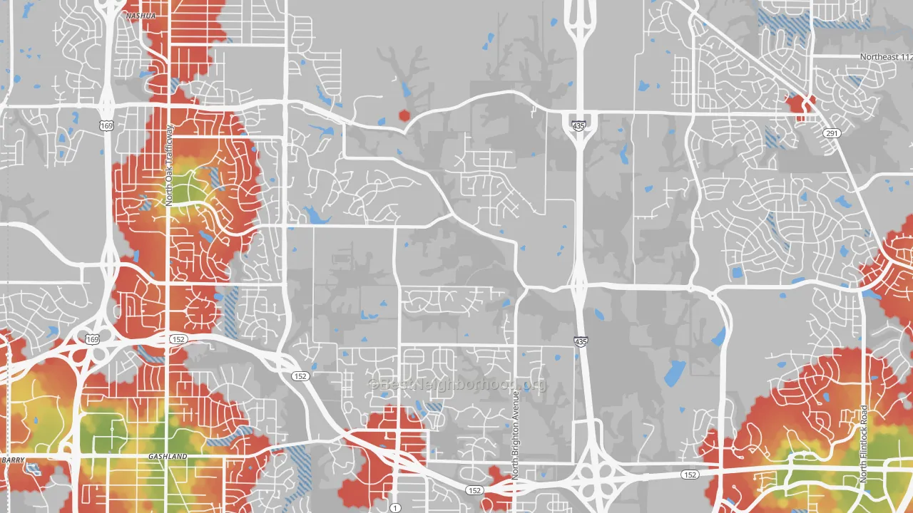 Walk Grade map of 64156, MO, walkable areas in green and car-dependent areas in red