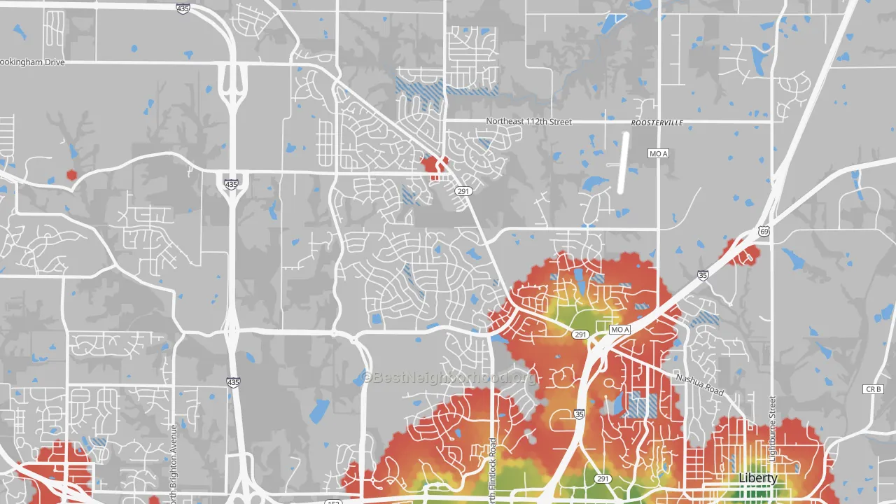 Walk Grade map of 64157, MO, walkable areas in green and car-dependent areas in red