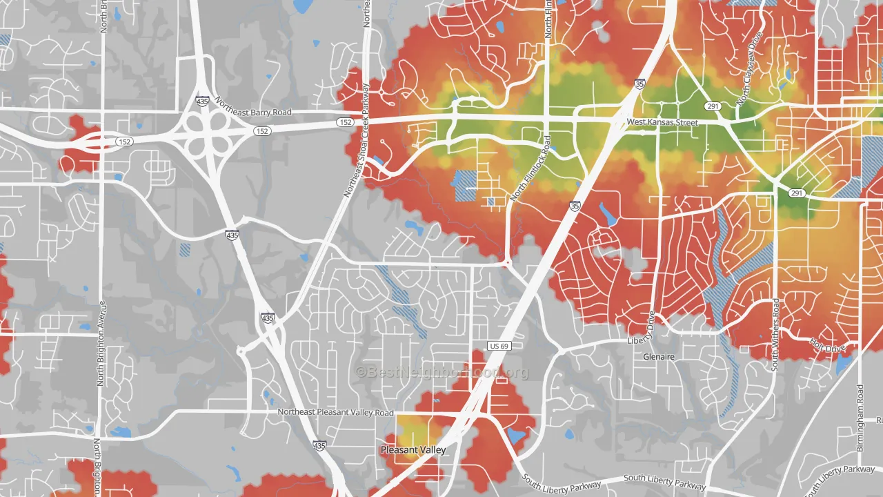 Walk Grade map of 64158, MO, walkable areas in green and car-dependent areas in red