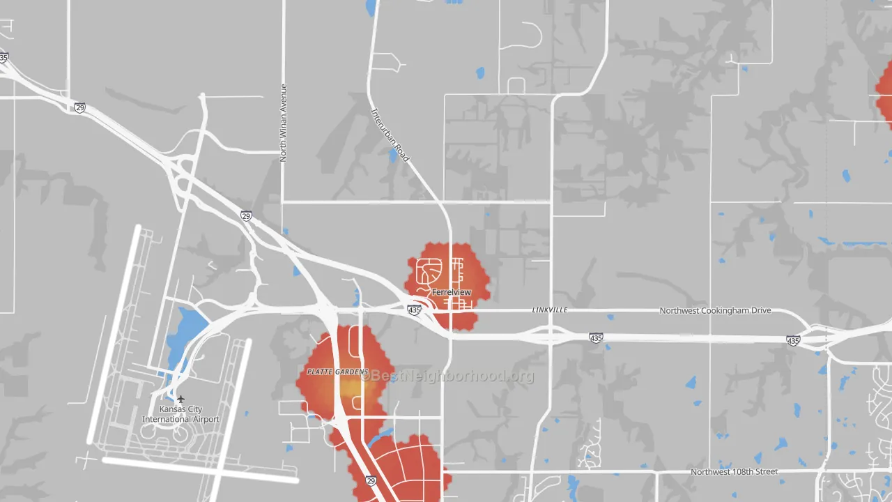 Walk Grade map of 64163, MO, walkable areas in green and car-dependent areas in red