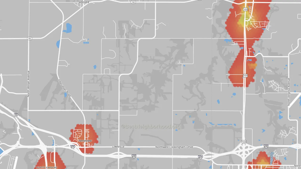 Walk Grade map of 64164, MO, walkable areas in green and car-dependent areas in red