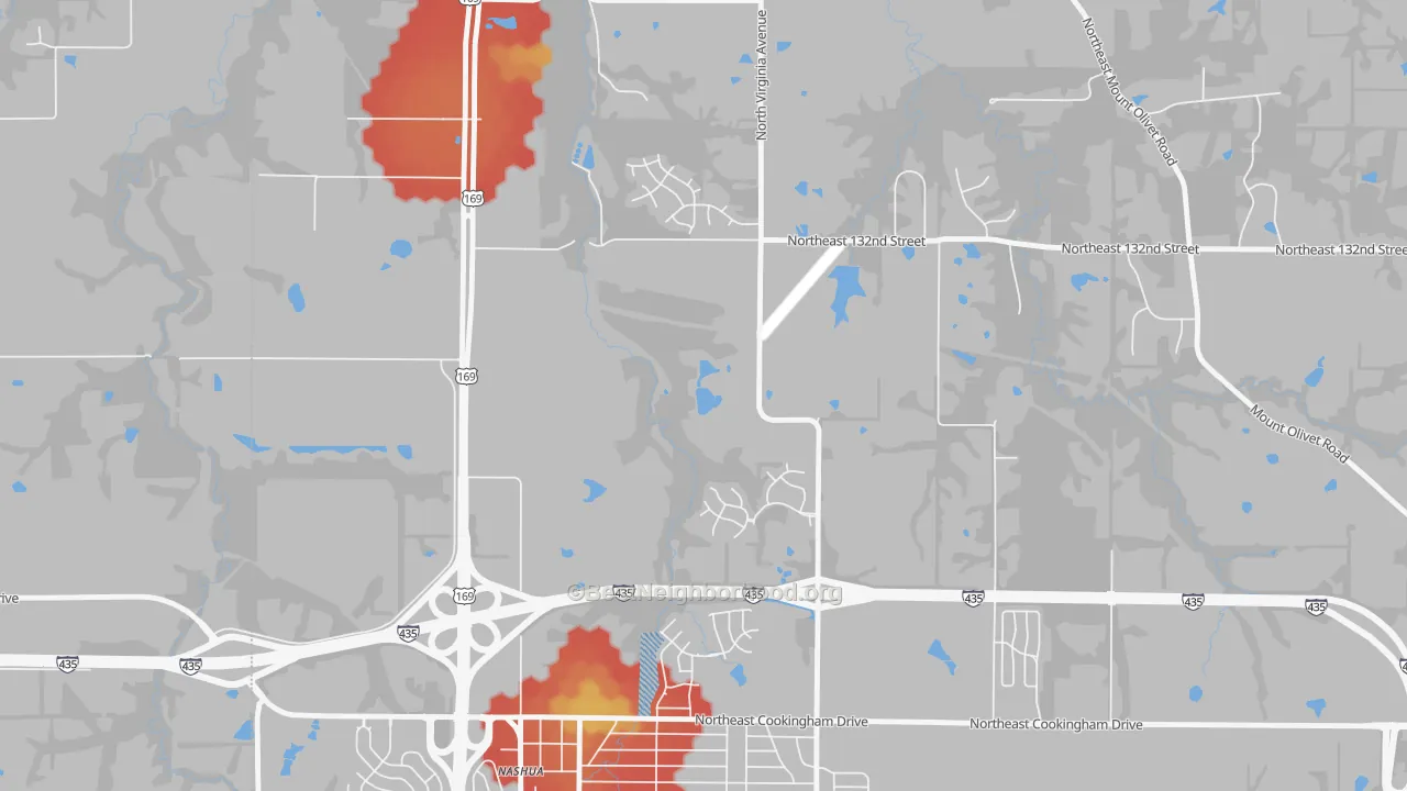 Walk Grade map of 64165, MO, walkable areas in green and car-dependent areas in red