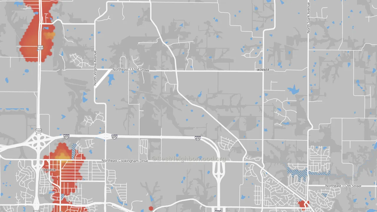 Walk Grade map of 64166, MO, walkable areas in green and car-dependent areas in red