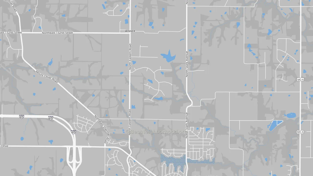 Walk Grade map of 64167, MO, walkable areas in green and car-dependent areas in red