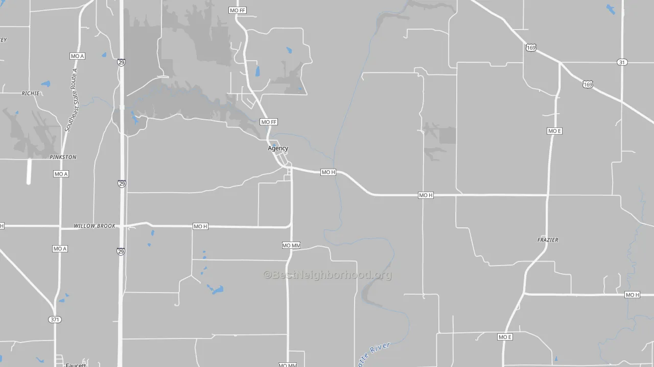 Walk Grade map of 64401, MO, walkable areas in green and car-dependent areas in red