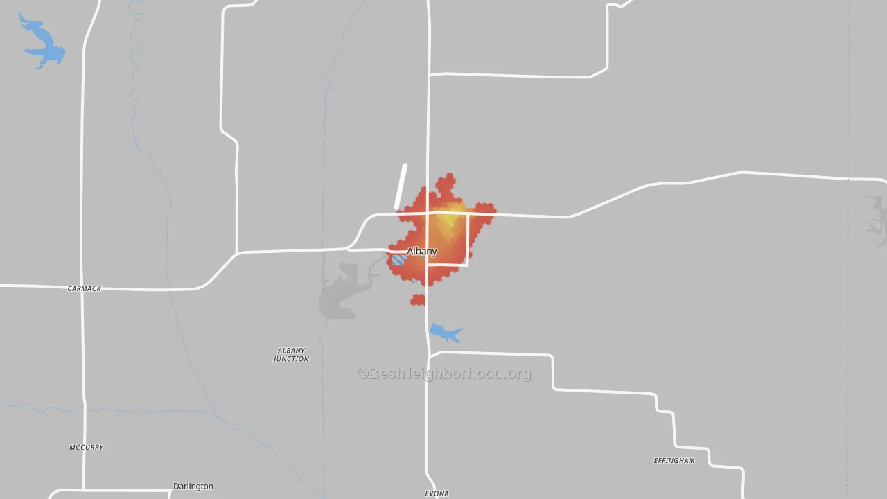 Walk Grade map of 64402, MO, walkable areas in green and car-dependent areas in red
