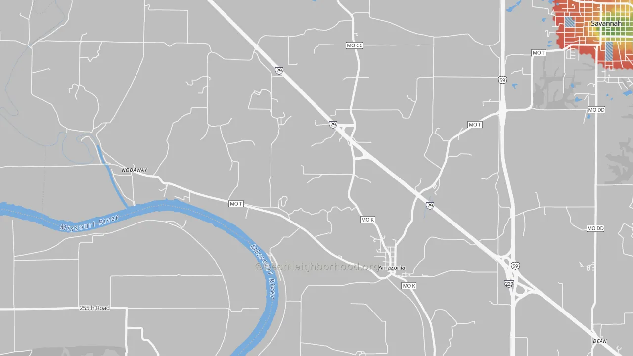 Walk Grade map of 64421, MO, walkable areas in green and car-dependent areas in red
