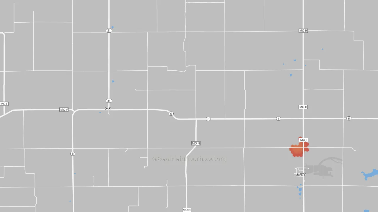 Walk Grade map of 64422, MO, walkable areas in green and car-dependent areas in red