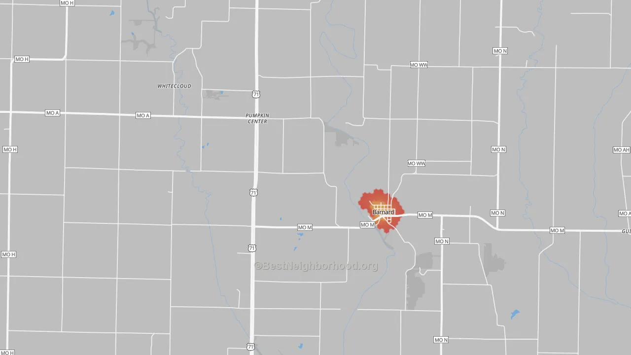 Walk Grade map of 64423, MO, walkable areas in green and car-dependent areas in red