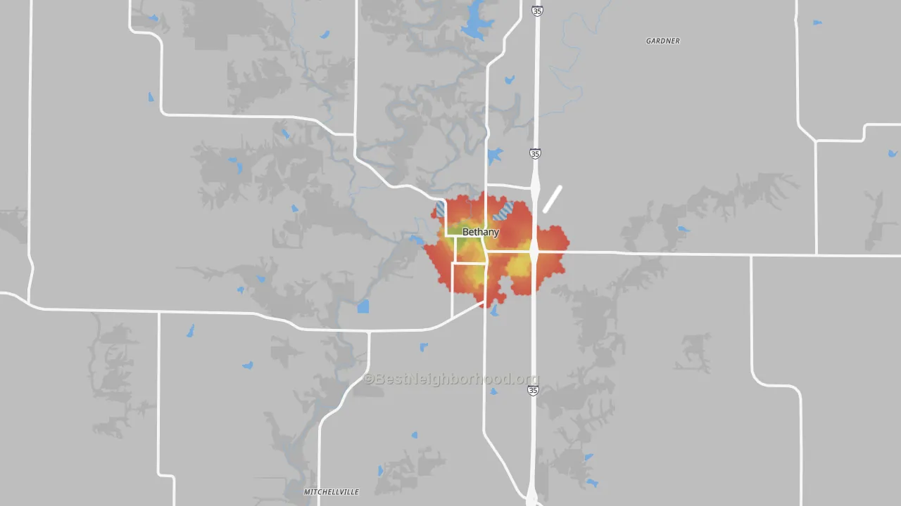 Walk Grade map of 64424, MO, walkable areas in green and car-dependent areas in red