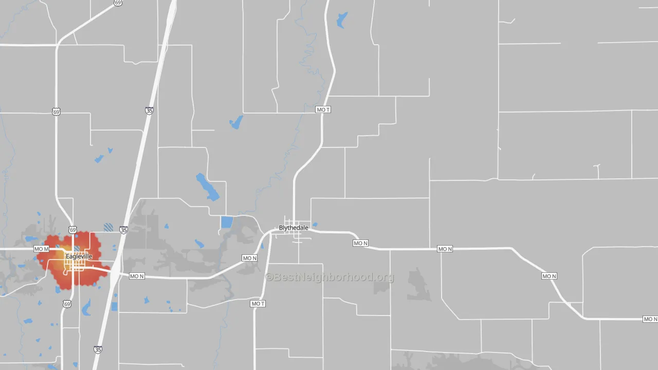 Walk Grade map of 64426, MO, walkable areas in green and car-dependent areas in red