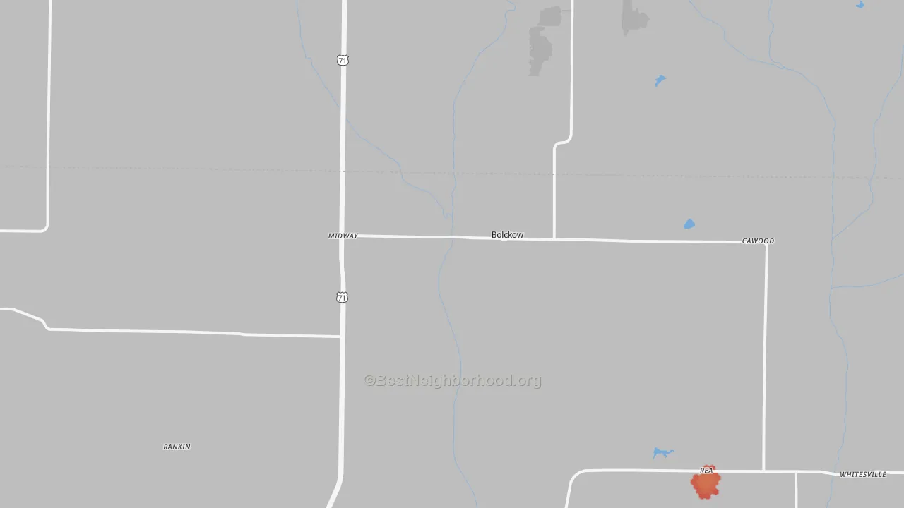 Walk Grade map of 64427, MO, walkable areas in green and car-dependent areas in red