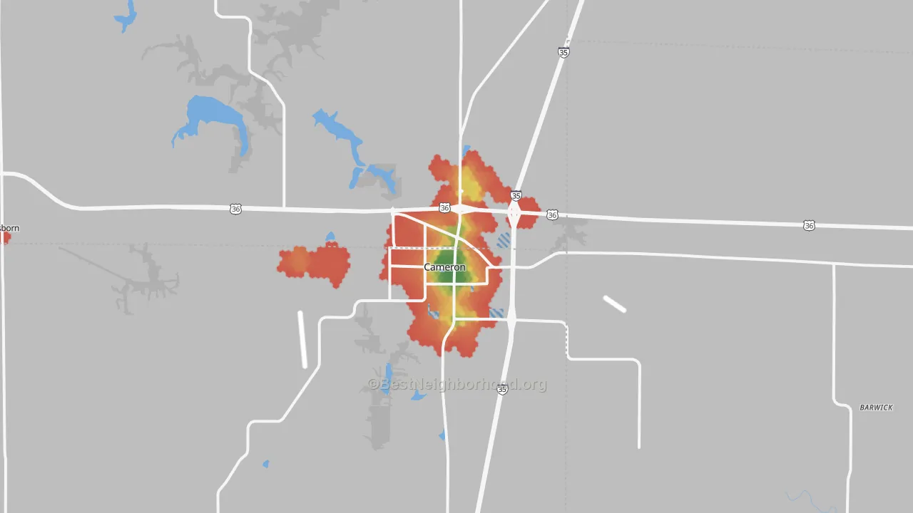 Walk Grade map of 64429, MO, walkable areas in green and car-dependent areas in red