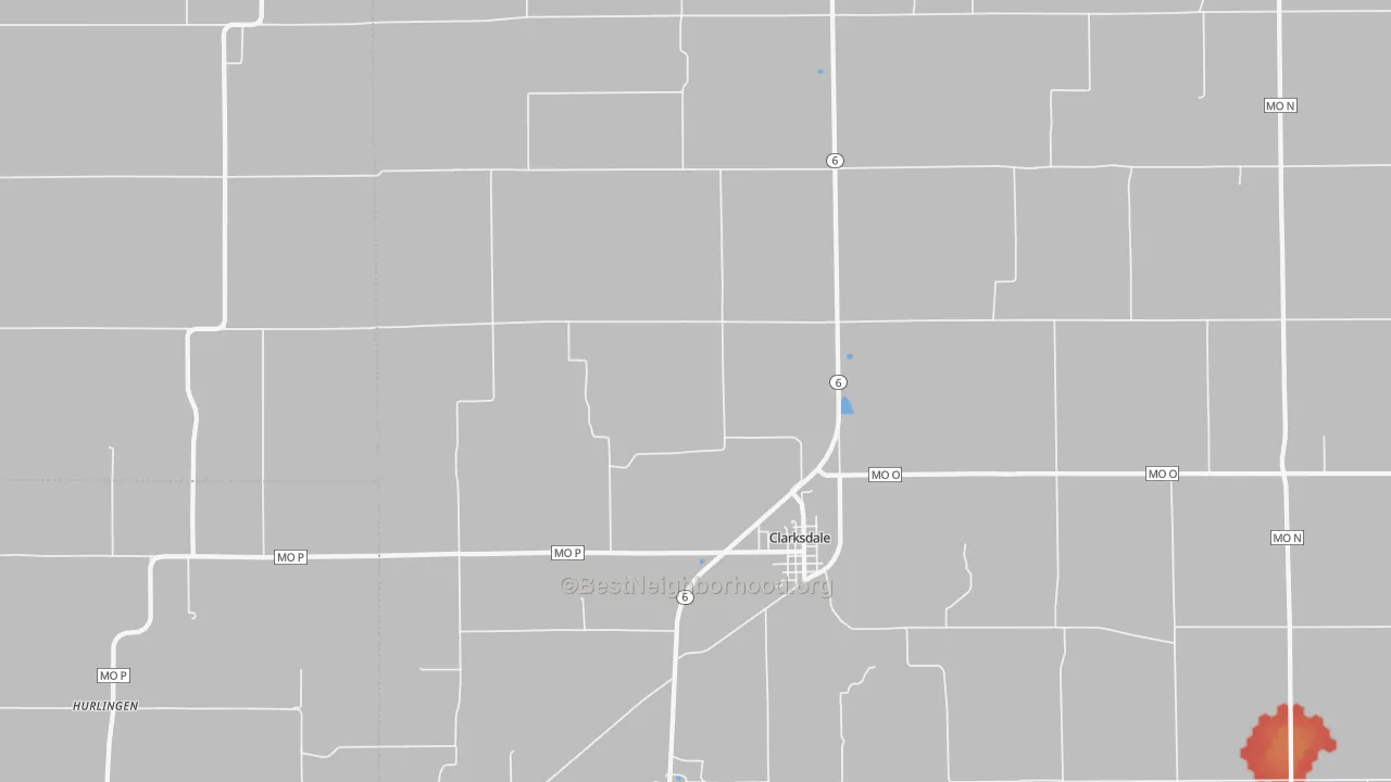 Walk Grade map of 64430, MO, walkable areas in green and car-dependent areas in red