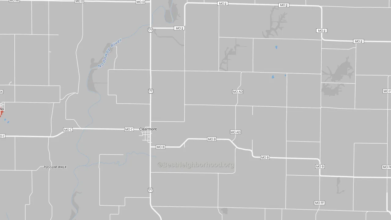 Walk Grade map of 64431, MO, walkable areas in green and car-dependent areas in red