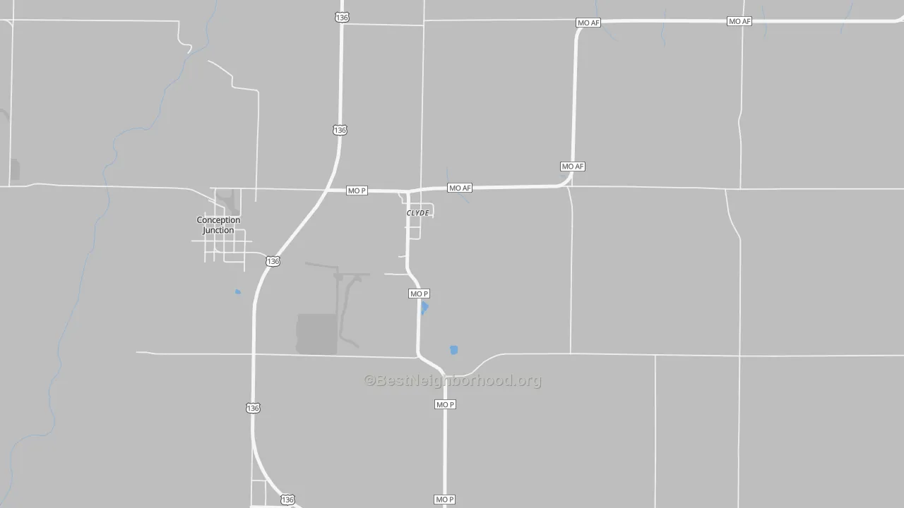 Walk Grade map of 64432, MO, walkable areas in green and car-dependent areas in red