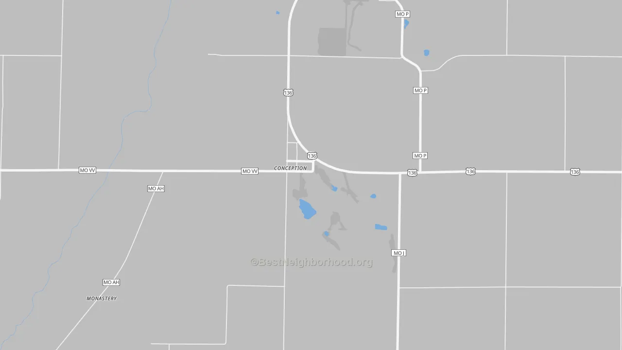Walk Grade map of 64433, MO, walkable areas in green and car-dependent areas in red
