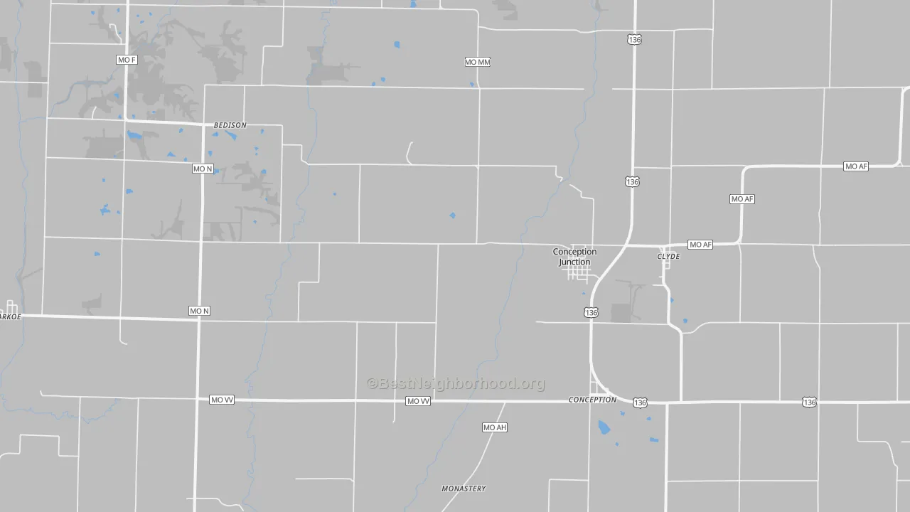 Walk Grade map of 64434, MO, walkable areas in green and car-dependent areas in red