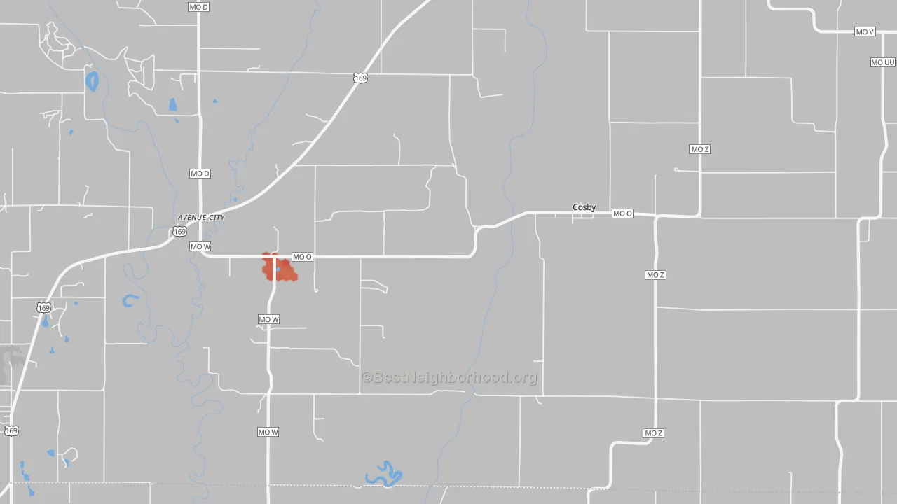 Walk Grade map of 64436, MO, walkable areas in green and car-dependent areas in red