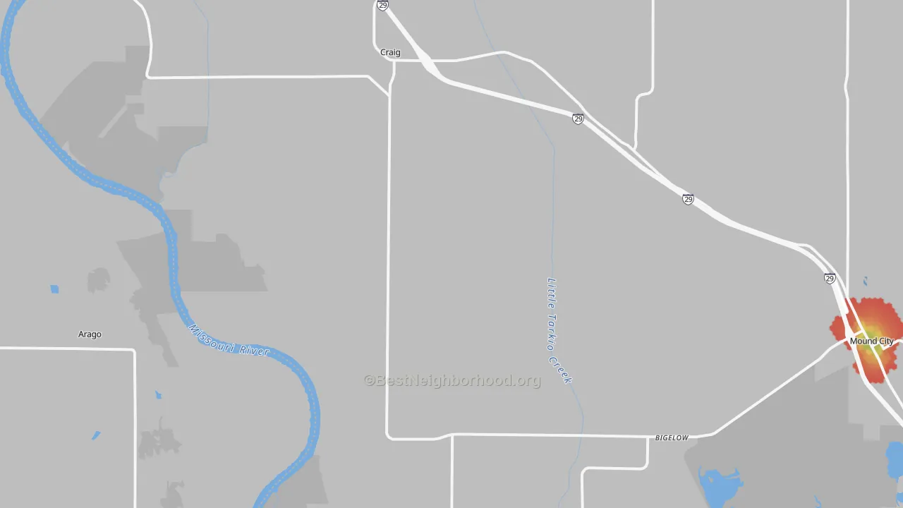 Walk Grade map of 64437, MO, walkable areas in green and car-dependent areas in red