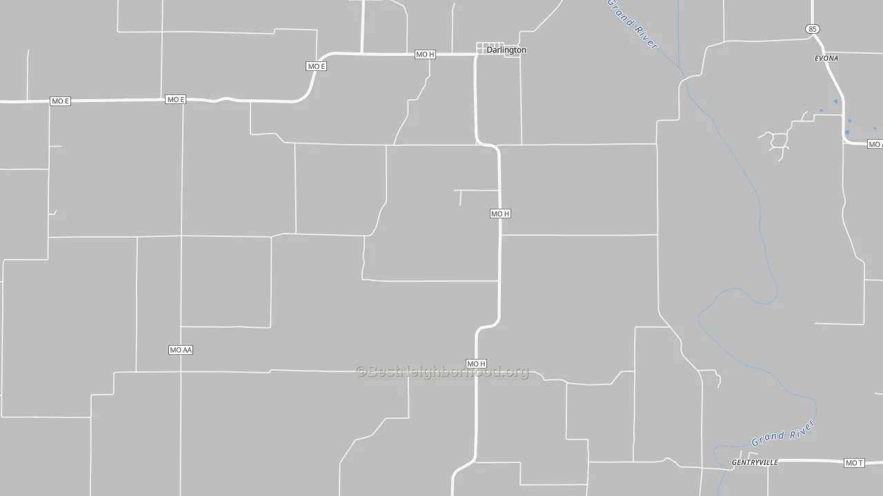 Walk Grade map of 64438, MO, walkable areas in green and car-dependent areas in red