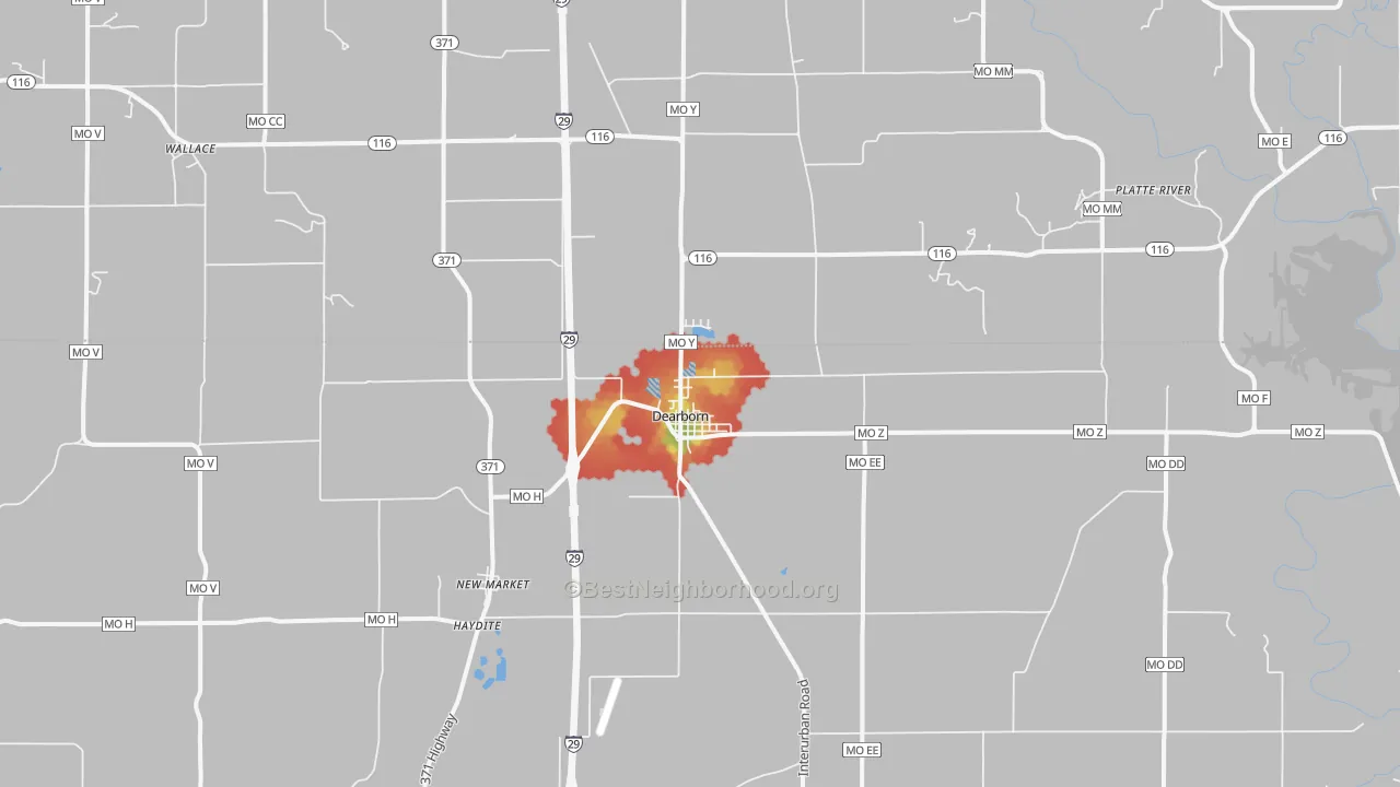 Walk Grade map of 64439, MO, walkable areas in green and car-dependent areas in red