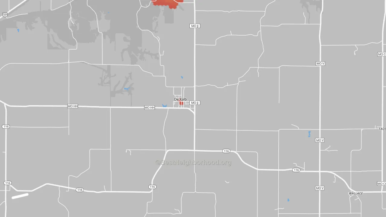 Walk Grade map of 64440, MO, walkable areas in green and car-dependent areas in red