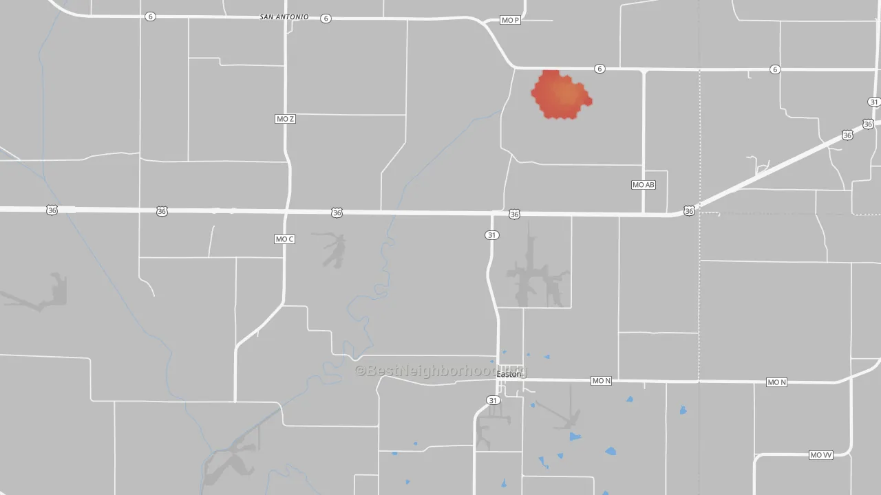 Walk Grade map of 64443, MO, walkable areas in green and car-dependent areas in red